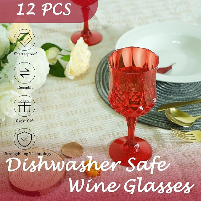Plastic Wine Glasses，Plastic Goblets Vintage Style Cordial Drinking Glasses for Wedding Reception, Christmas Grand Event Party Supplies (12, Red)