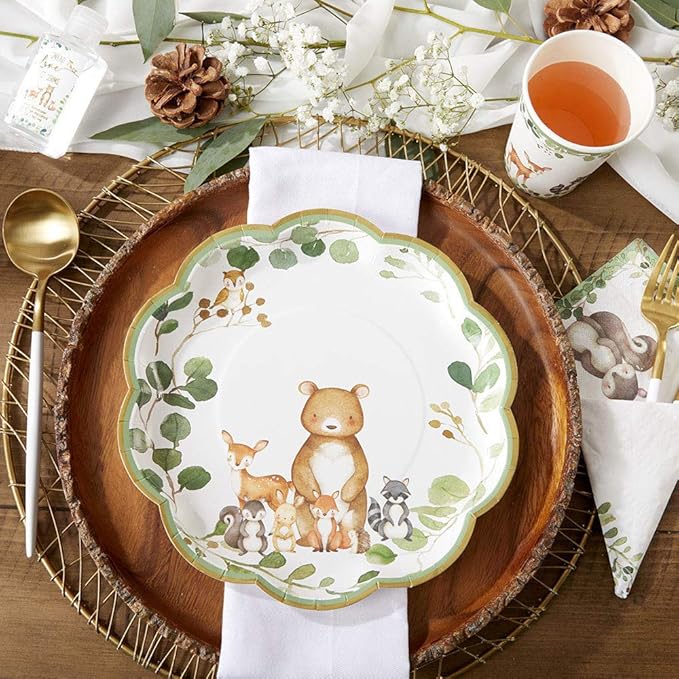 Kate Aspen Woodland Baby Shower Decorations, 62-Piece Disposable Paper Plates & Napkins Party Supplies for 16 Guests - Woodlands Animals Theme for Baby Boy Shower Table Decorations, Gender Reveal