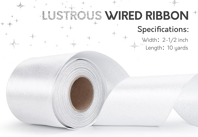 White Satin Wired Ribbon 2-1/2 Inch Double-Faced Sliver Glitter Christmas Ribbons for Wreath, Tree Decoration, Gift Wrapping, Home Decor 10 Yards