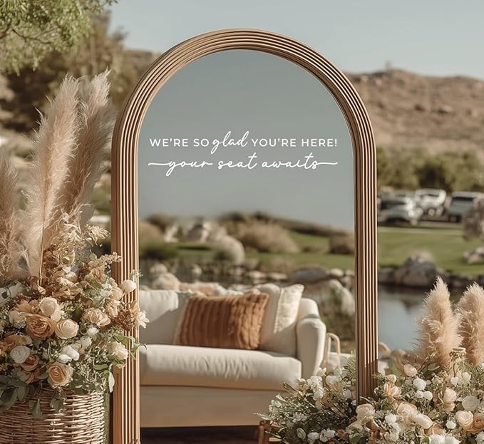 Wedding Sign Decal, Seating Chart Decal, Welcome Vinyl Wedding Mirror Decor, We're So Glad You're Here Seating Chart, Your Seat Awaits (White, Width 20 inch)