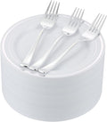120pcs Silver Dessert Plates with Forks for 60 Guests-60pcs 7.5" Disposable Silver and White Small Plates with 60pcs 7.4" Forks-Cake/Appetizer/Salad Plate for Wedding,Birthday,Party