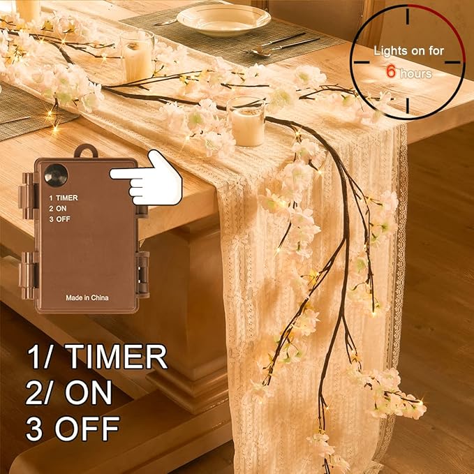 Fudios Lighted White Cherry Blossom Garland Decor with Timer 96 LED Fairy Lights 6FT for Mantle,Artificial Flower Vine with Lights Battery Operated Valentines Wedding Party Indoor Outdoor