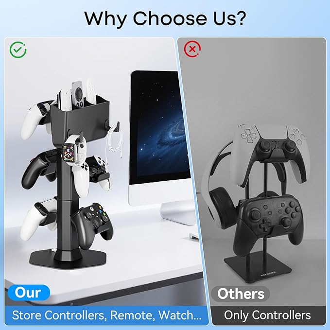 Controller Holder with Remote Control Storage Box, Headset and Controller Stand for Desk, Headphone Stand with Two Hooks for Watch Cable Key Chain, Gaming Accessories for P5/P4/Xbox/Switch