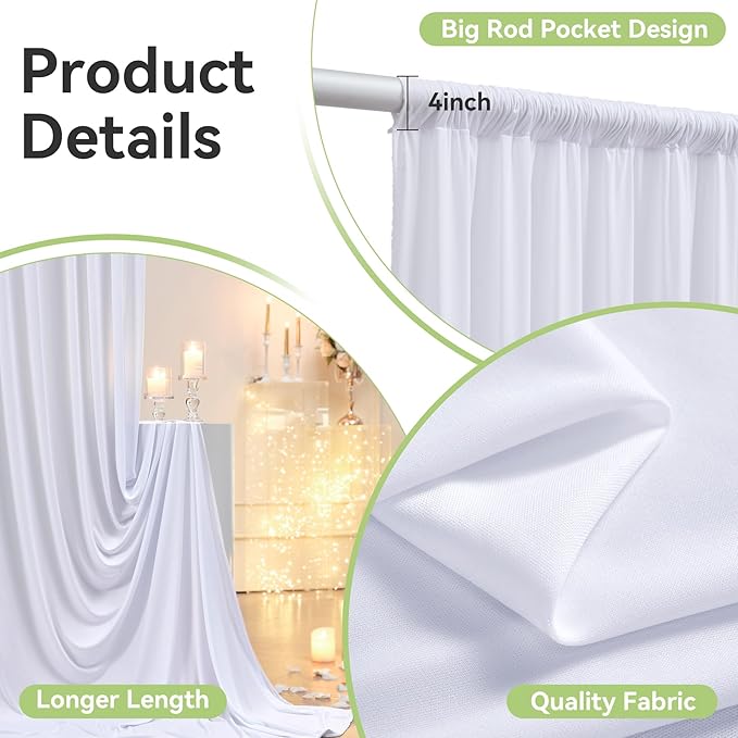 60ftx12ft Wrinkle Free White Backdrop Curtain, 12 Panels 12FT Height White Wedding Backdrop Drapes, Silky Polyester Back Drop Cloth for Birthday Photography Background Party Backdrop Draping