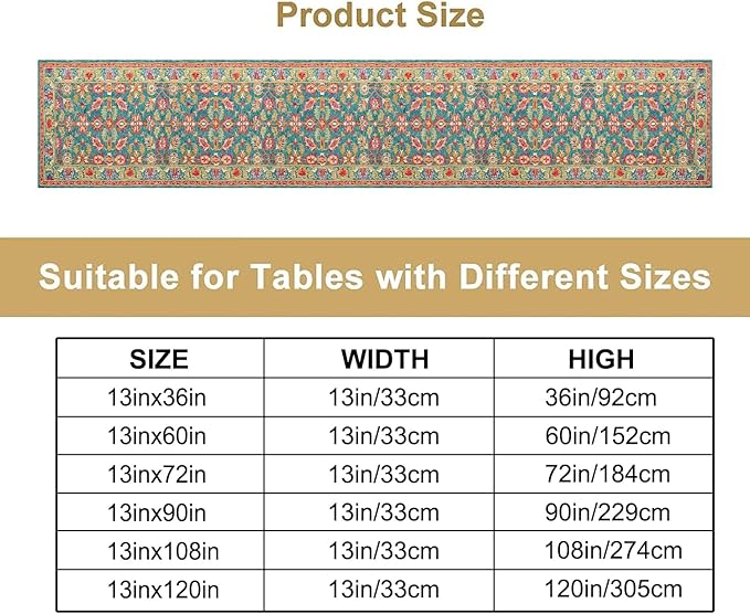 Vintage Boho Floral Table Runner, Rustic Country Farmhouse Teal Red Purple Flower Pattern for Home Kitchen Table Decor Dining Coffee Room Party Decor 13x60in