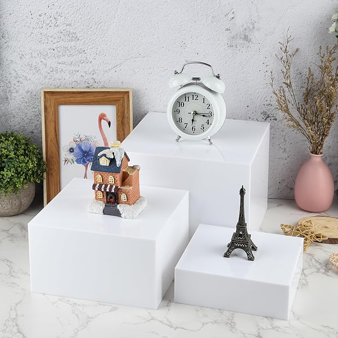 6Pcs White Buffet Risers, Acrylic Display Stand for Buffet Table Platter Parties Weddings Catering Dessert Collectibles Figures Show (6''x7''x8'')