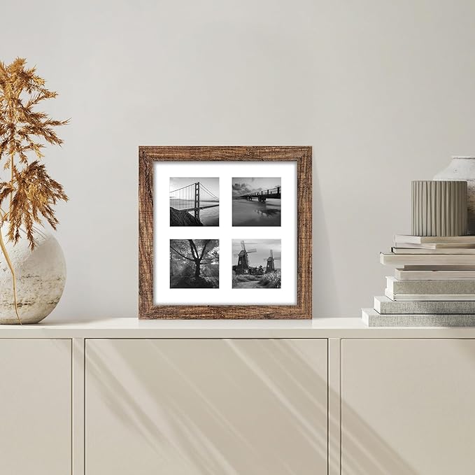 10x10 Picture Frame Set of 2, Real Glass and Rustic Brown Collage Frame, Display Pictures Four Opening 4x4 With Mat or 10 x 10 Without Mat for Wall Hanging or Tabletop