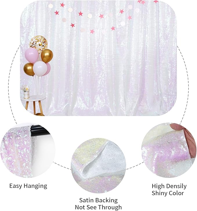 SquarePie Sequin Backdrop Non-Transparent Background Sparkly Curtain for Wedding Party 8FT x 8FT Iridescent