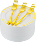 120pcs Gold Dessert Plates with Forks for 60 Guests-60pcs 7.5" Small Plastic Dessert Plates and 60pcs 7.4" Forks-Disposable Cake/Appetizer/Salad Plate for Wedding,Birthday and Party