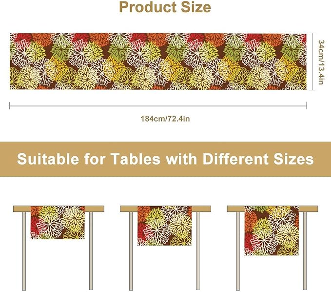 Brown Dahlia Floral Table Runner, Seasonal Autumn Thanksgiving Pattern Print for Home Kitchen Table Decor Dining Coffee Room Party Decor 13x120 Inch