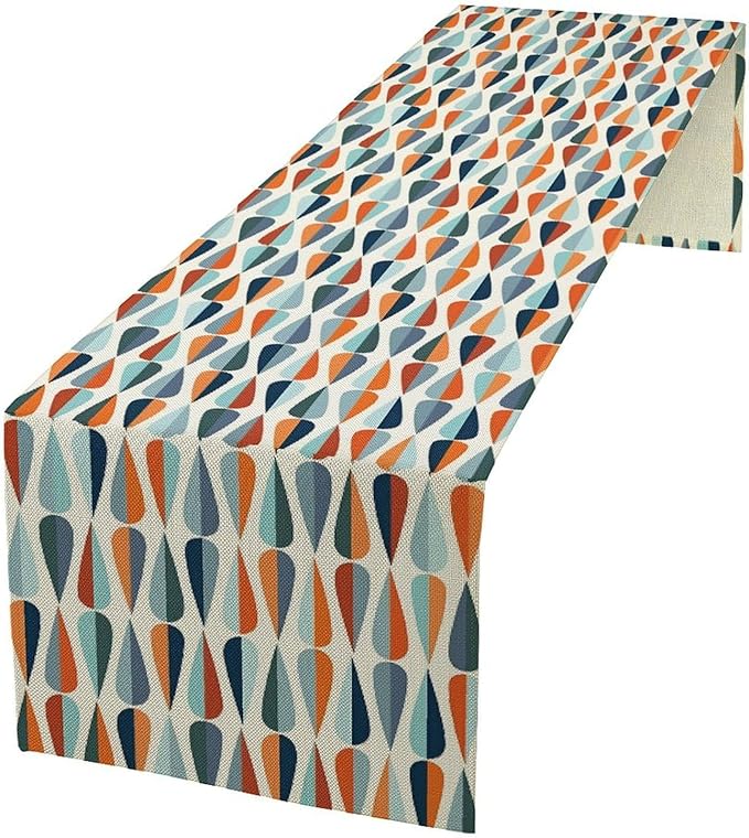 Mid Century Table Runner, Modern Style Retro Pattern Droplet Shapes Mosaic Tones Pattern Print for Home Kitchen Table Decor Dining Coffee Room Party Decor 13x108in