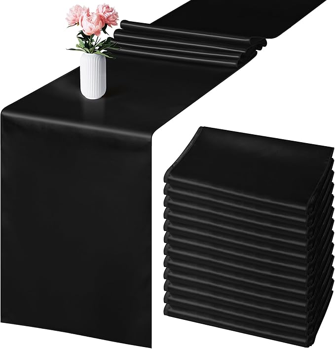 Aneco 12 Pack Satin Table Runner 12 x 108 Inch Black Long Wedding Satin Silk Table Runner for Wedding Banquet Graduations Birthday Party Decoration