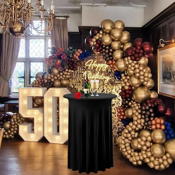 Albassa 4 Pack Cocktail Table Covers 32"x 43" Spandex Stretch Round Cocktail Tablecloths with Wavy Drapes Fitted High Top Bar Table Skirt for Wedding Party Banquet (Black, 4 PCS)