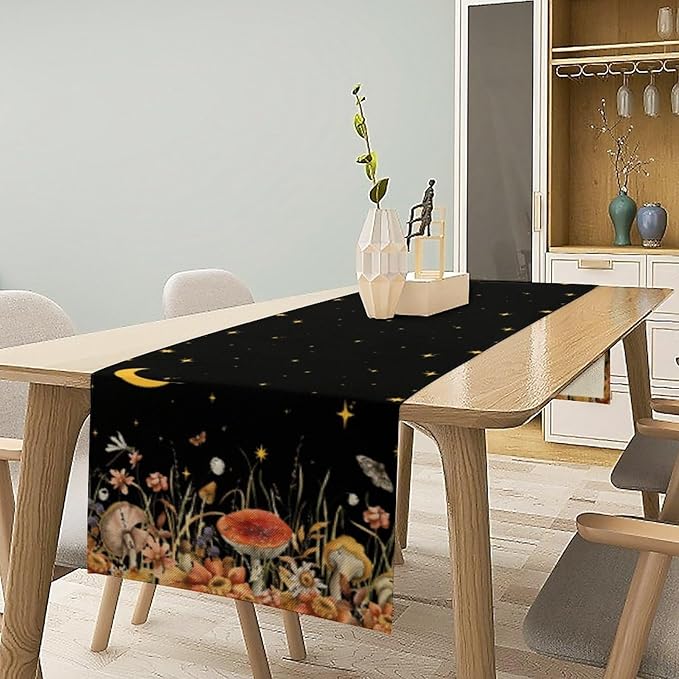 Mushroom Kitchen Table Runner, Gothic Moon Star Plants Witchy Moonlit Flower Butterfly Table Runner for Kitchen Party Living Room Drapes, 13x36 Inch Black