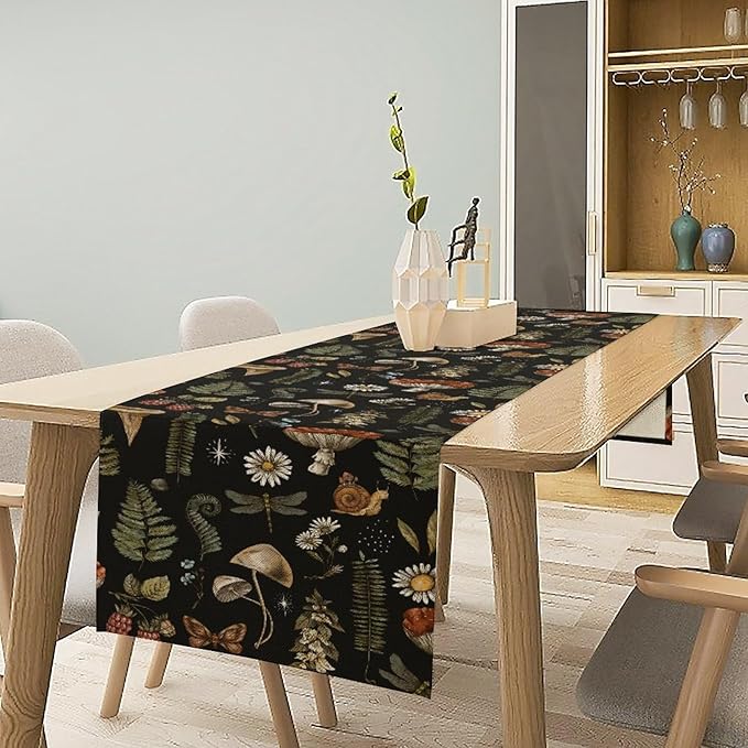 Mushroom Table Runner,Retro Forest Plant Table Runner for Kitchen Dining Table Home Party Decoration 13x90 Inch