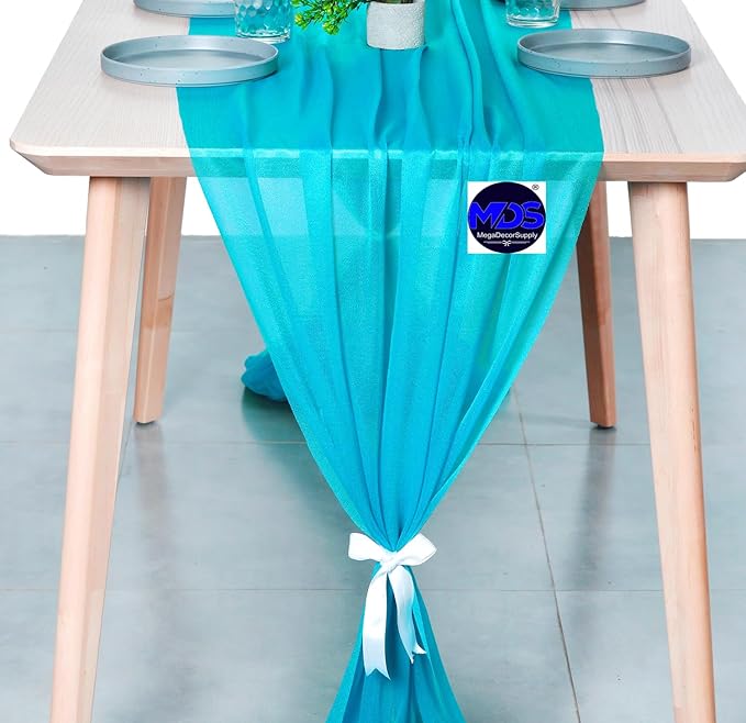 MDS 20 Pack 10ft Chiffon Table Runner 29 x 120 Inches Sheer Wedding Runner Romantic Rustic Table Runner for Wedding Decorations, Birthday Parties, Bridal Shower Party Arch Decor -Turquoise