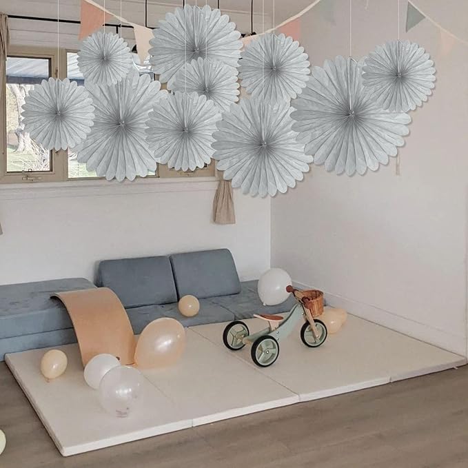 20 Pcs Silver Grey Hanging Paper Fan, Hanging Honeycomb Round Paper Fans for Weddings, Birthdays, Christmas, Baby Showers, Classroom, Events Ceiling Party Supplies Decorations