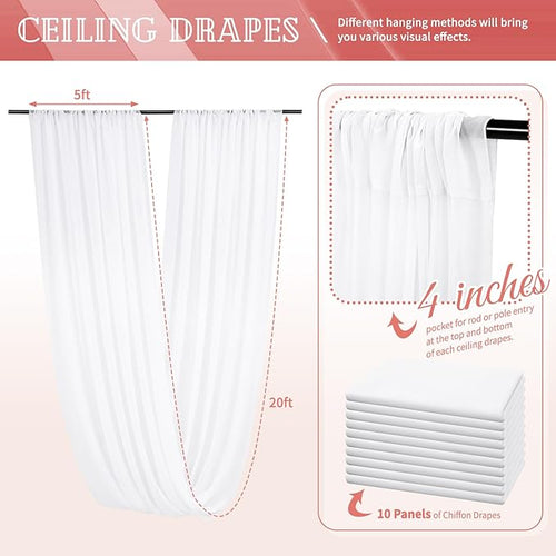 10 Panels White Ceiling Drapes for Wedding 5ftx20ft Sheer Drapery Chiffon Fabric Arch Draping Curtains for Party Ceremony Birthday Baby Shower Reception Stage Ceiling Decorations