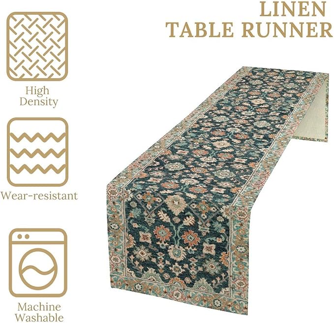 Vintage Boho Floral Table Runner, Rustic Country Farmhouse Blue Teal Red Bohemia Flower Pattern for Home Kitchen Table Decor Dining Coffee Room Party Decor 13x60in