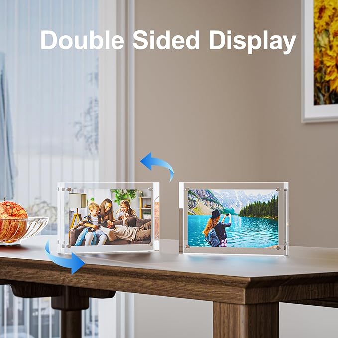3 Pack 6x8 Acrylic Picture Frames - 20% Thicker Double Sided Magnetic Frame with UV Protection - Freestanding Clear Frameless Display for Tabletops - Modern Photo Frame Set for Home & Office Decor