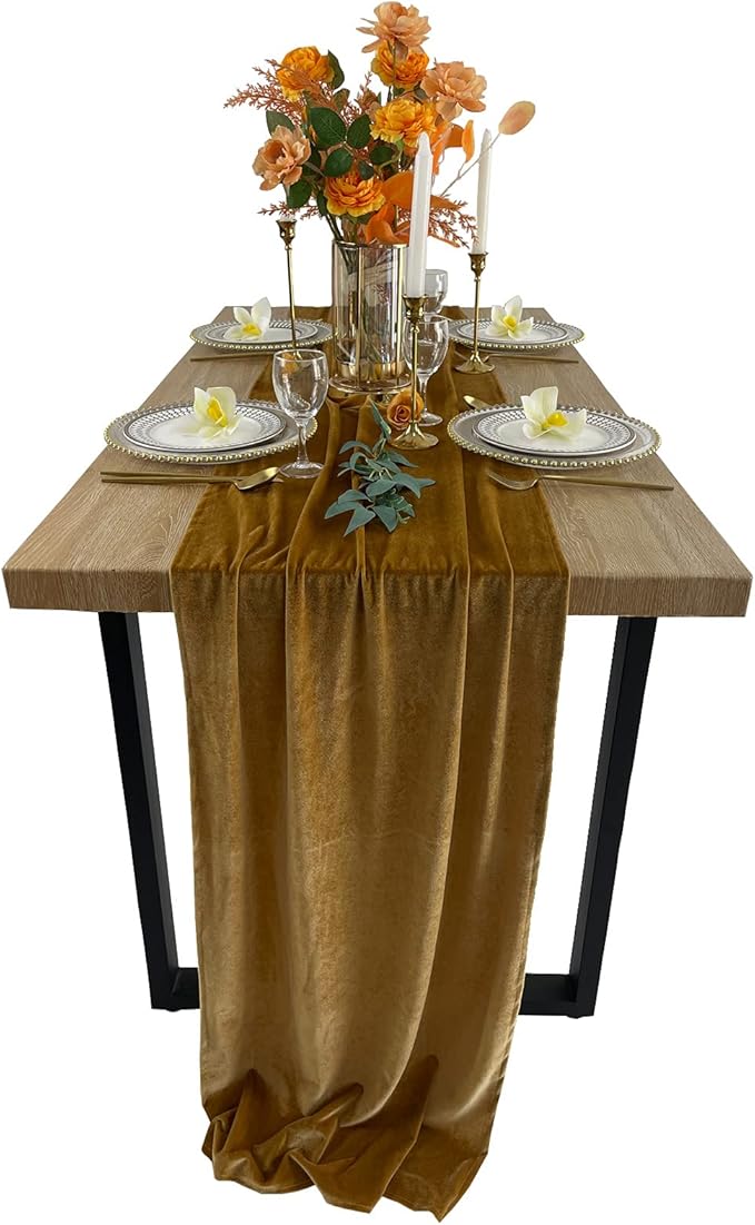 Luxurious Velvet Table Runner, 10ft Wedding Reception Decorations, 20x120inch Soft Velvet Fabric, Table Linen Overlay, Wedding Table Runners (Gold, 20X120inch)