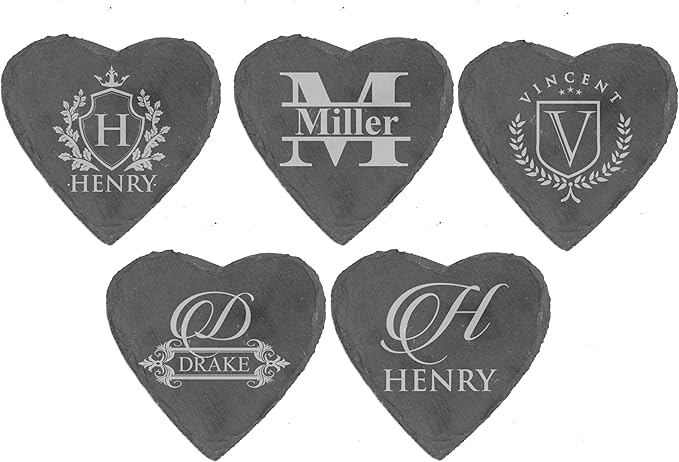 My Personal Memories Custom Engraved Slate Stone Drink Coasters Set of 4 - Monogrammed and Personalized (Heart)