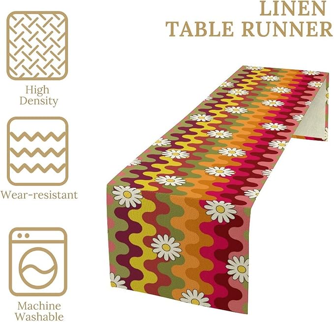 Vintage Floral Table Runner,60s 70s Colorful Retro Abstract Hippie Print Table Runner for Kitchen Dining Table Home Party Decoration 13x90 Inch