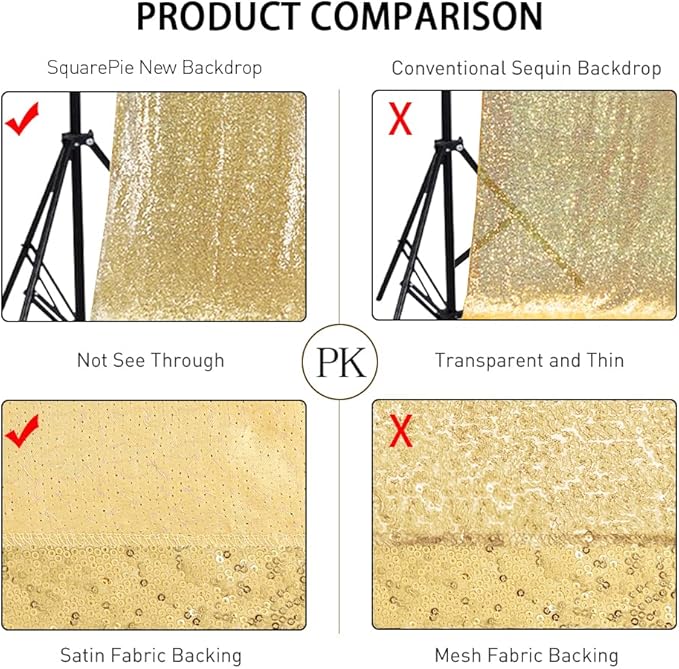 SquarePie Sequin Backdrop Less See Through Thick Background for Photography Glitter Curtain Party 7FT x 7FT Gold