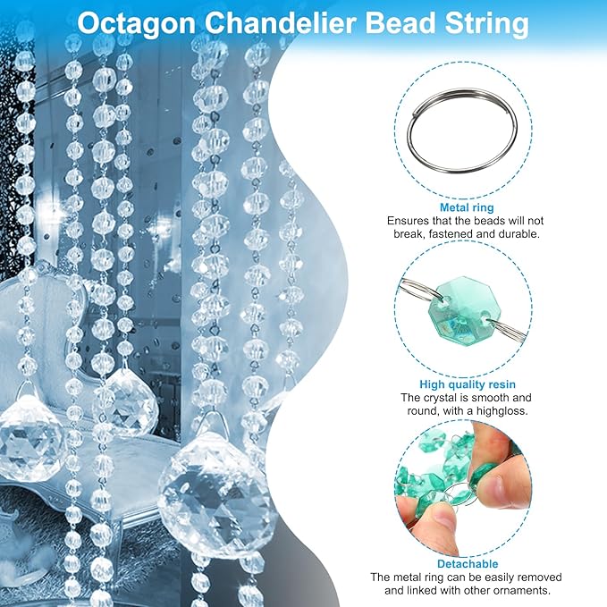 PATIKIL 14 mm Crystal Garland Strands, 32.8 Ft Acrylic Octagon Chandelier Bead Chains String for DIY Craft Wedding Party Home Decorative Jewelry Making, Blue