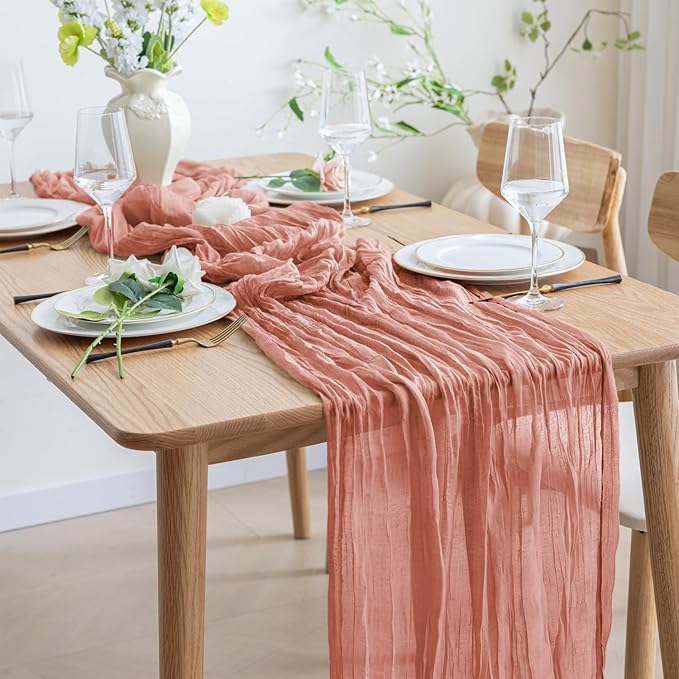 Asee'm 3pcs Cheesecloth Table Runner 120 Inches Dark Rose Boho Gauze Cheese Cloth Runner 10FT Rustic Sheer Table Runners for Summer Wedding Baby Shower Holiday Party Decoration