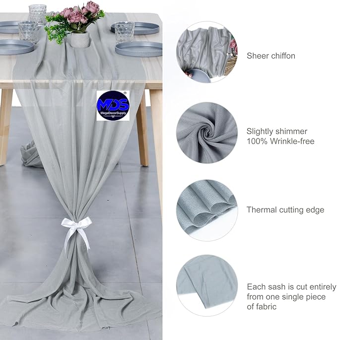 MDS 20 Pack 10ft Chiffon Table Runner 29 x 120 Inches Sheer Wedding Runner Romantic Rustic Table Runner for Wedding Decorations, Birthday Parties, Bridal Shower Party Arch Decor - Gray