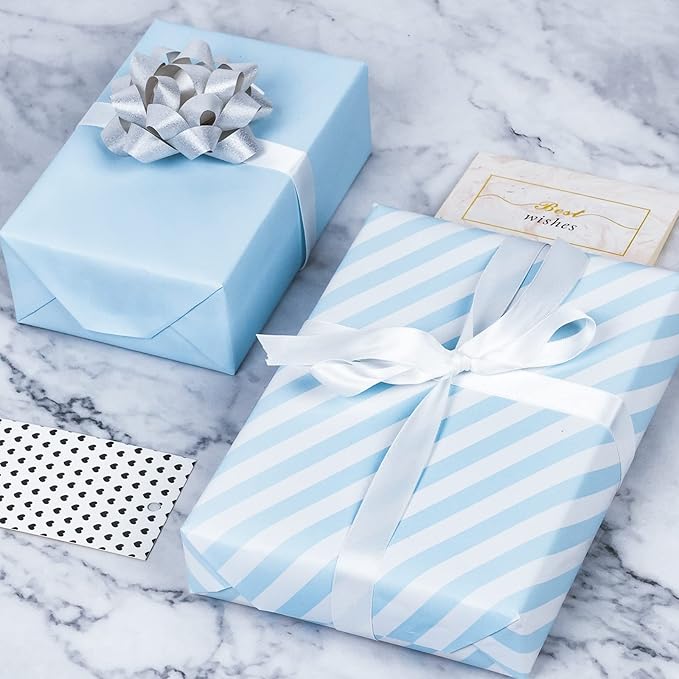 WRAPAHOLIC Reversible Wrapping Paper - Mini Roll - 17 Inch x 33 Feet - Baby Blue and Stripes Design for Birthday, Holiday, Wedding, Baby Shower