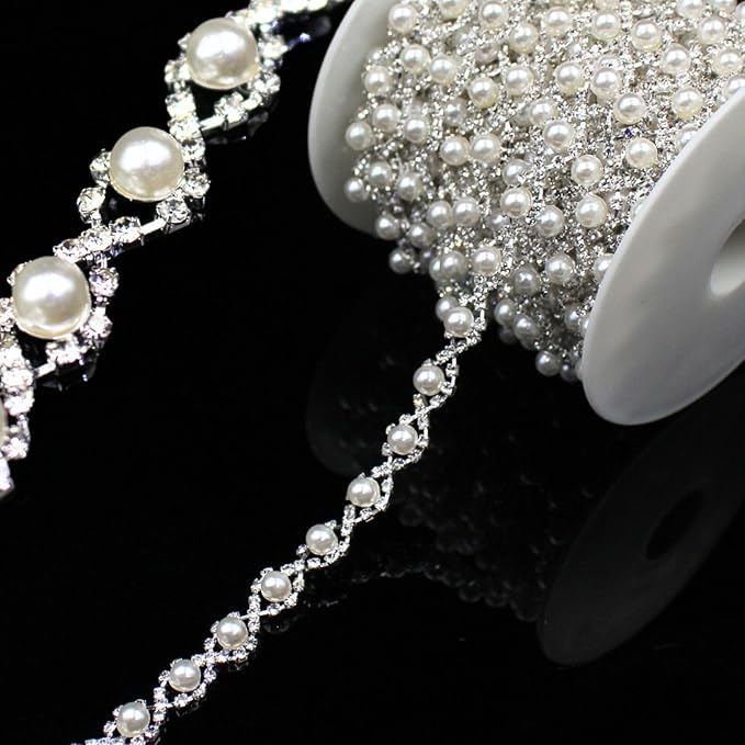1 Yard Pearl Trim Chain Rhinestone Silver String Crystal Applique Fringe Ribbon Strips Beads Sewing Dress DIY Party Wedding Bouquet for Decoration Bridal Costume Embellishment