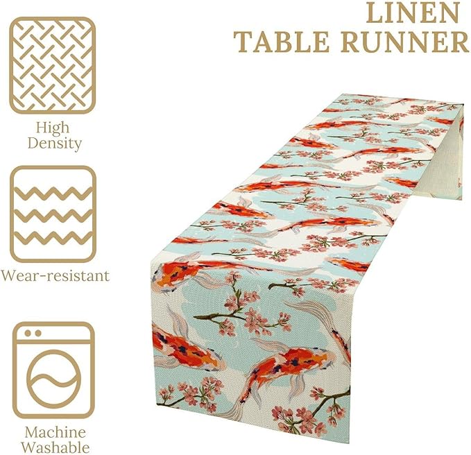 Japanese Kio Fish Table Runner Cherry Flower Art Printed Burlap Runner Home Kitchen Dining Table Living Room Decor Fabric 1 Panel W13xL70in
