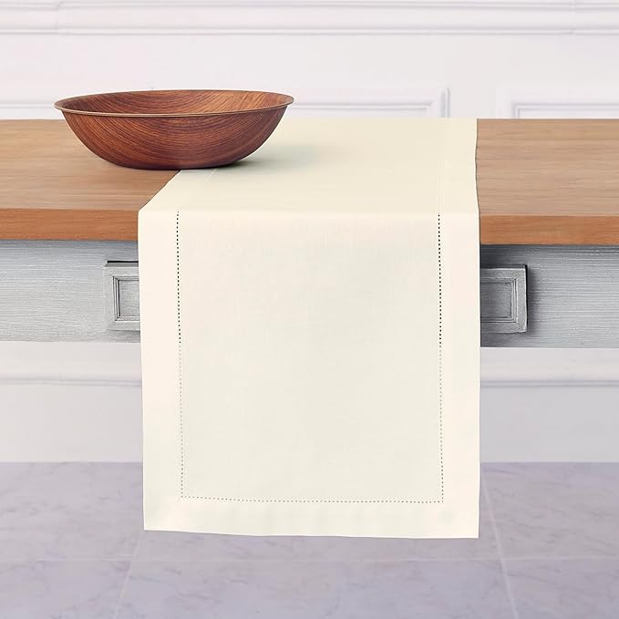 Solino Home Cotton Linen Ivory Table Runner 72 Inches Long - Hemstitch Table Runner 14 x 72 Inch for Dresser, Dining, Fall, Autumn, Halloween, Thanksgiving, Christmas, Holiday