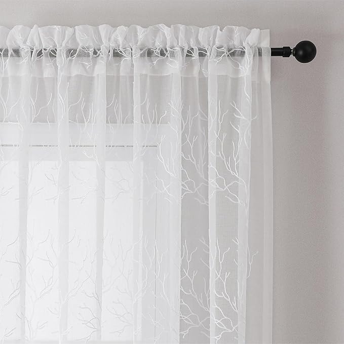 VISIONTEX Sheer Curtains 84 inch Length 2 Panels Set, Decorative White Coral Embroidery, Rod Pocket Embroidered Window Drapes for Living Room and Bedroom, 54" x 84"
