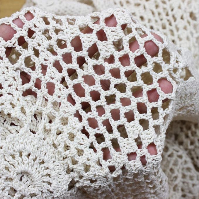 KEPSWET Cotton Handmade Crochet Lace Table Runner Beige Rectangle Coffee Table Dresser Decor (14x84 inch)