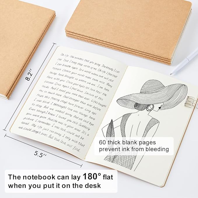 feela 8 Pack Unlined Kraft Paper Notebooks, Blank Journal Note Pad for Drawing Writing, Small Sketchbook Travel Journal Bulk for Women Kids Students Office School Supplies, A5, 60 Pages, 8.3” X 5.5”
