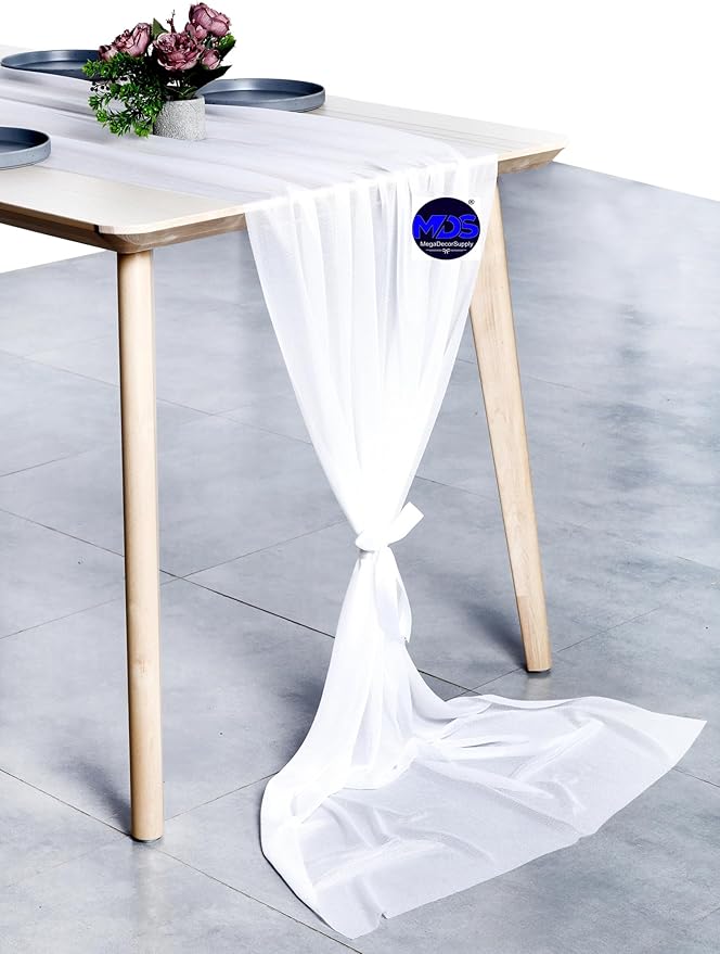 MDS 10 Pack 10ft Chiffon Table Runner 29 x 120 Inches Sheer Wedding Runner Romantic Rustic Table Runner for Wedding Decorations, Birthday Parties, Bridal Shower Party Arch Decor - White