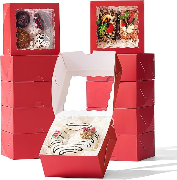 100-Pack 4x4x2 Classic Red Bakery Boxes - Treat/Cookie/Truffle Boxes for Mini Cakes, Pies & Cinnamon Rolls - Wedding Party Favor Packaging