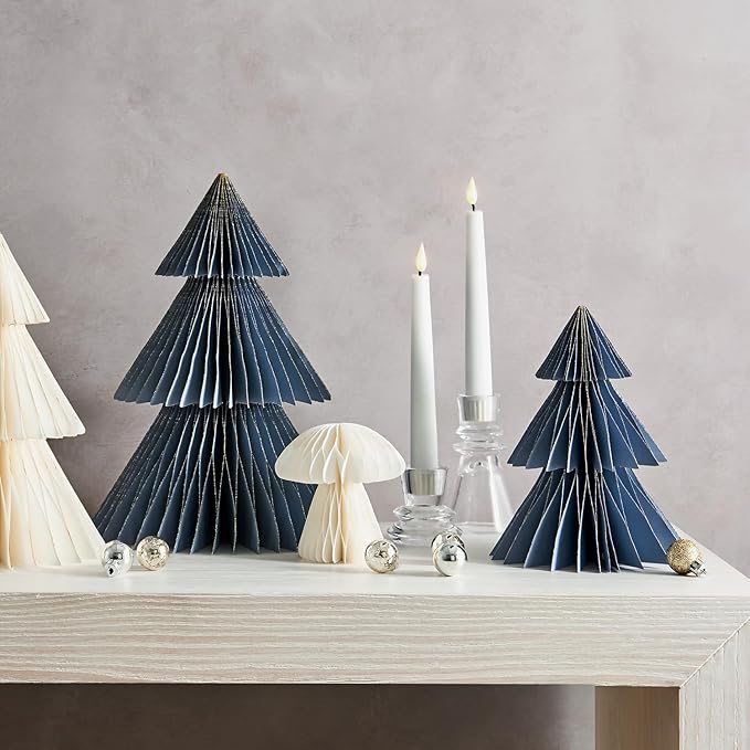LampLust Winter Ornaments, 2 Pack Dusty Blue Honeycomb Paper Trees, 10 & 12 in, Blue Winter Wonderland Table Centerpieces Decorations for Home Mantel Decor