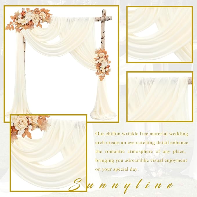 Wedding Arch Draping Fabric 2 Panels 20Ft Length x 28" Width Ivory Arch Drapes Chiffon Fabric Sheer Curtains Backdrop for Party Bridal Ceremony Ceiling Decor Wedding Stage Reception Decorations