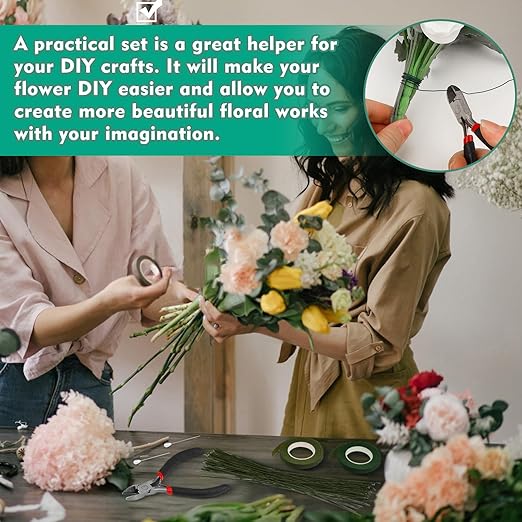 Floral Tape and Wire, Green Floral Tape, Arrangement Tools Kit with Wire Cutter, 22 Guage Paddle Wire 26 Gauge Flower Wire Set, Boutonniere Pin for Bouquets, Crafts, Wrap Florist