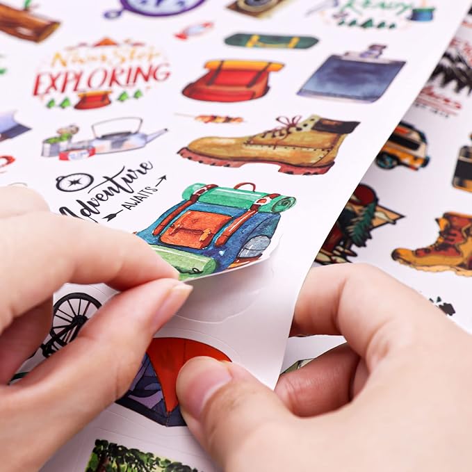 Cool Camping Adhesive Stickers 670 Counts Adventure Hiking Stickers for Adults Birthday Invitations Decorations Party Goodie Gifts Bags Decor School Game Class Rewards Water Bottle Sticker