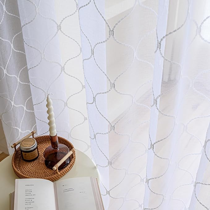 Sheer Curtains White 45 Inches,Wavy Diamond Embroidered Rod Pocket Voile Drapes for Living room, Bedroom, Window Treatments Semi Crinkle Curtain Panels for Yard, Patio, Parlor, 2 Panels, 52"x 45".