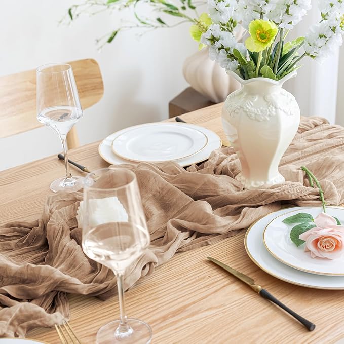 Asee'm 6pcs Cheesecloth Table Runner 120 Inches Long Nude Boho Gauze Cheese Cloth Runner 10FT Rustic Sheer Table Runners for Christmas Wedding Party Baby Shower Spring Easter Decoration