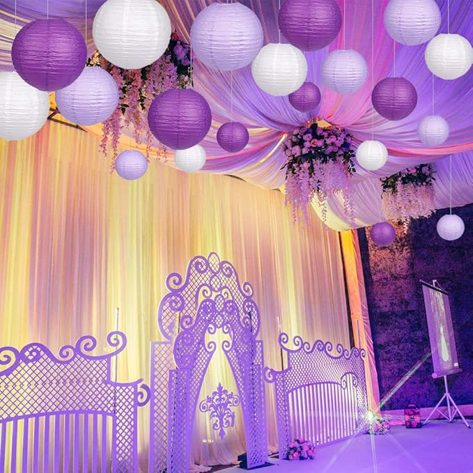 Paper Lanterns Decorative, Round Hanging Paper Lanterns Decorations for Bachelorette Engagement Birthday Party Decorations Purple/Lavender/White 15pcs