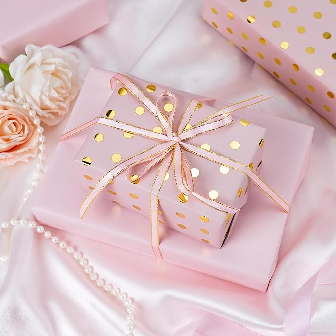 Flyhill Pink Wrapping Paper Roll,Reversible Mini Roll Gold Foil Polka Dot Gift Wrap for Birthday,Girls,Baby Shower,Wedding (17 Inch X 32.8 Feet)