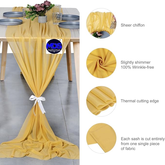 MDS Halloween Chiffon Table Runner - 5 Pack, 29 x 170 Inches, 14ft Each - Sheer Spooky Table Runners for Haunted House Parties, Trick-or-Treat Tables, Witchy Décor, Wedding & Events - Gold