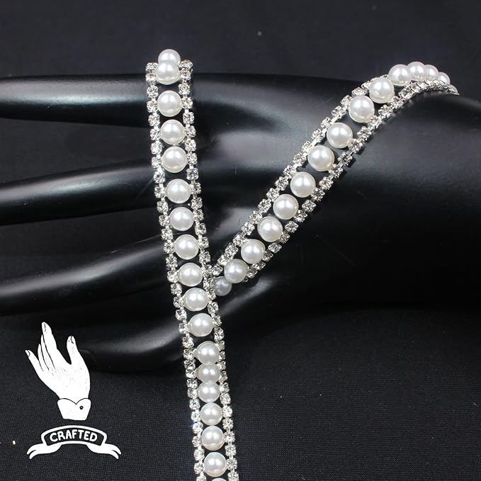 PEARLY JUN 1 Yard Pearl Rhinestone Trim Chain Silver Crystal Fringe Diamond Applique Ribbon String Tassel Strip (Silver-150, 1 Yard)